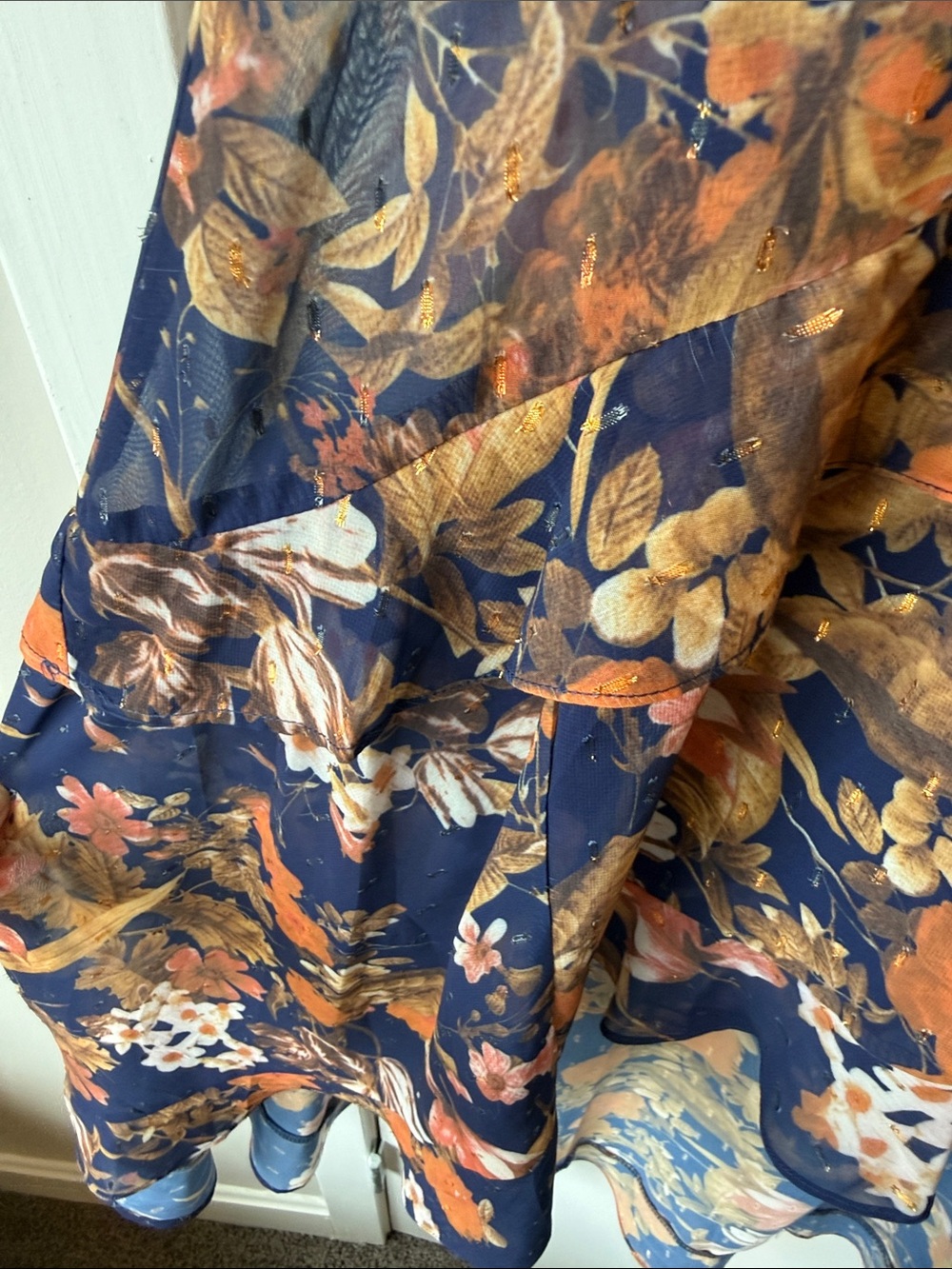 Lulu's Navy Floral High-Low Midi Dress with Rust & Cream Accents - Picture 6 of 7